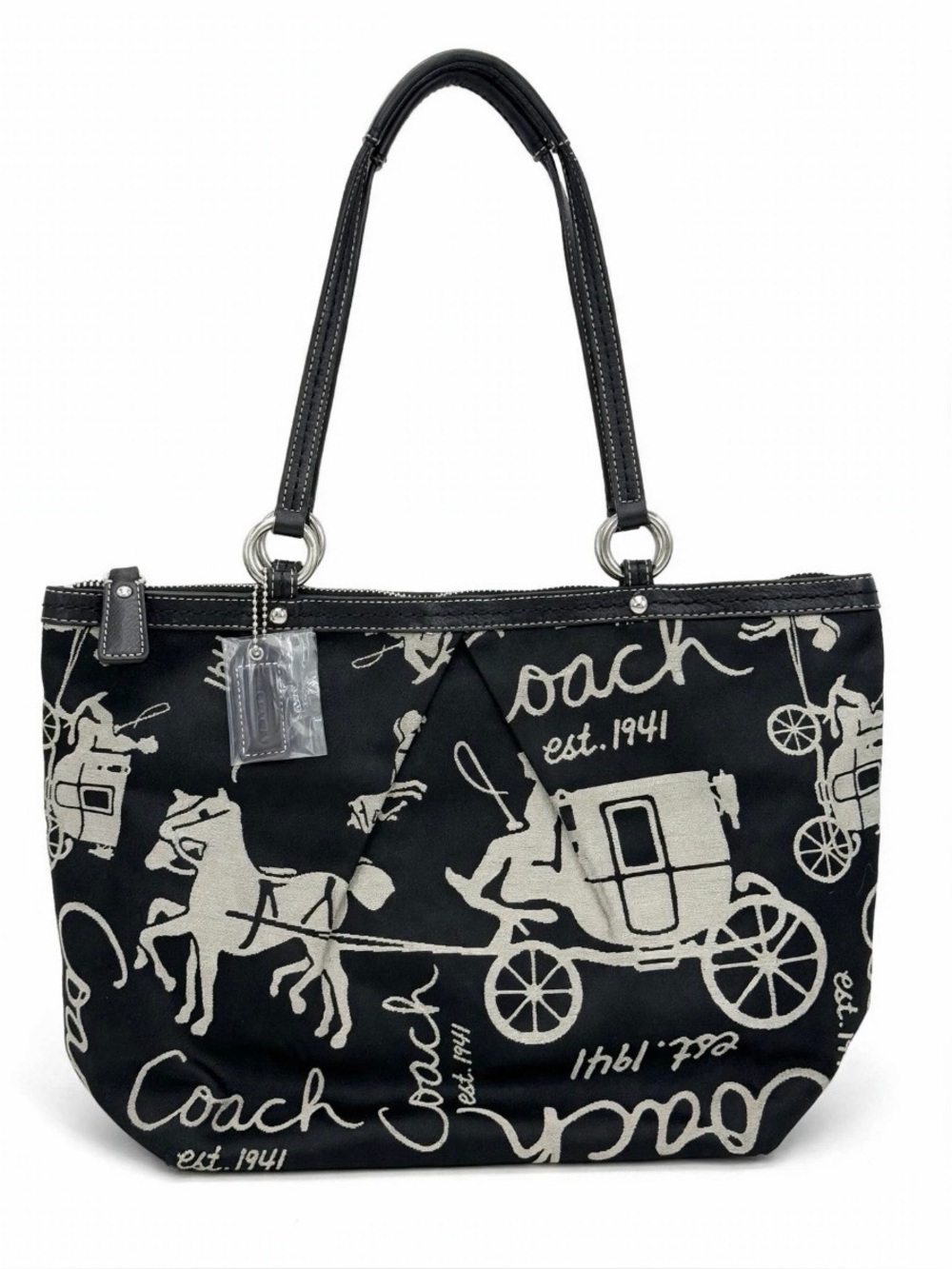 Coach Black and Cream Signature Carriage Script Tote
